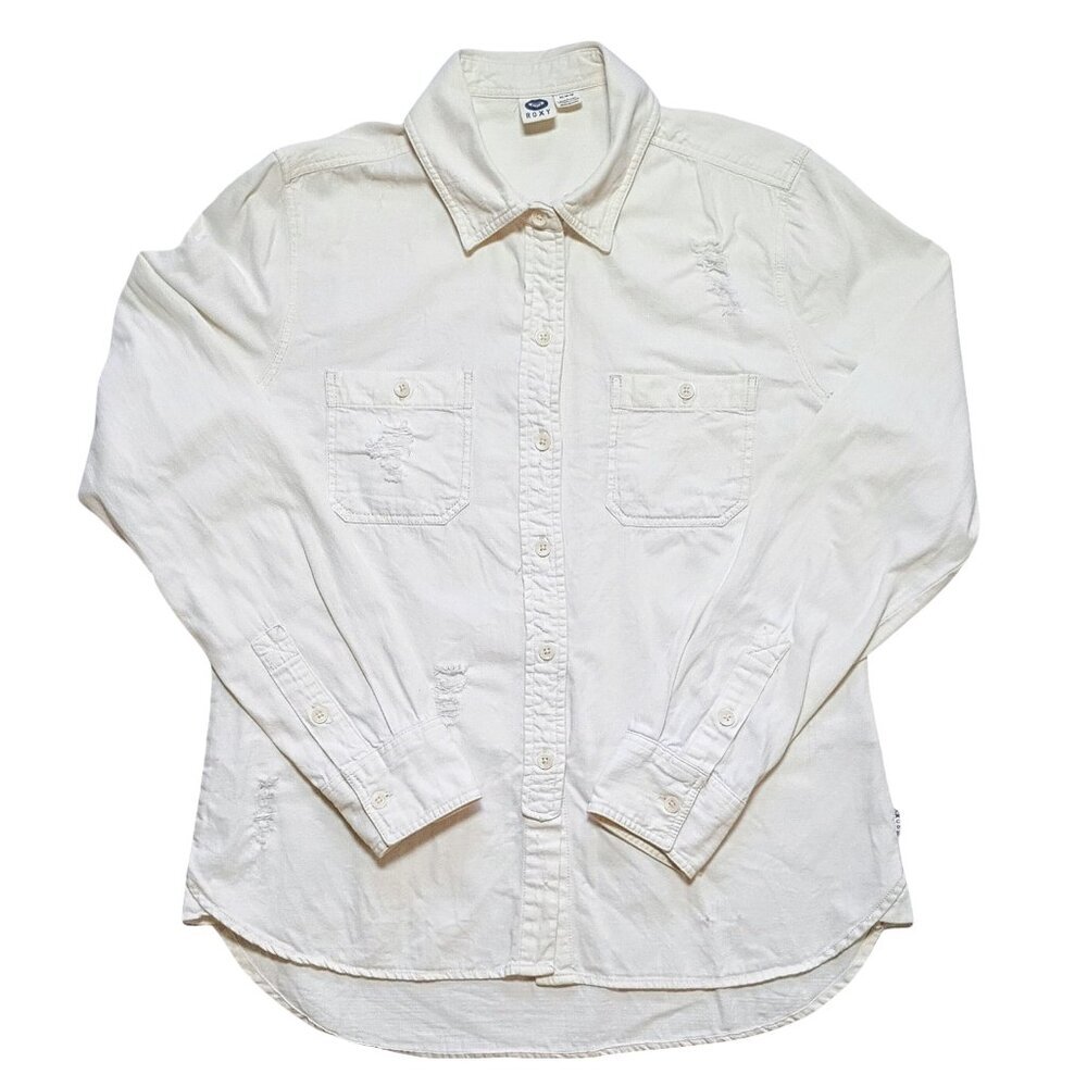 Roxy Women’s Medium Eggshell Distressed Button Up… - image 1